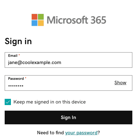 The M365 sign-in with an example email address and password entered.