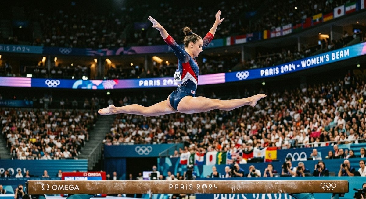 NB2 action shot: Paris 2024 Olympics gymnast - photorealistic sports photography with arena detail