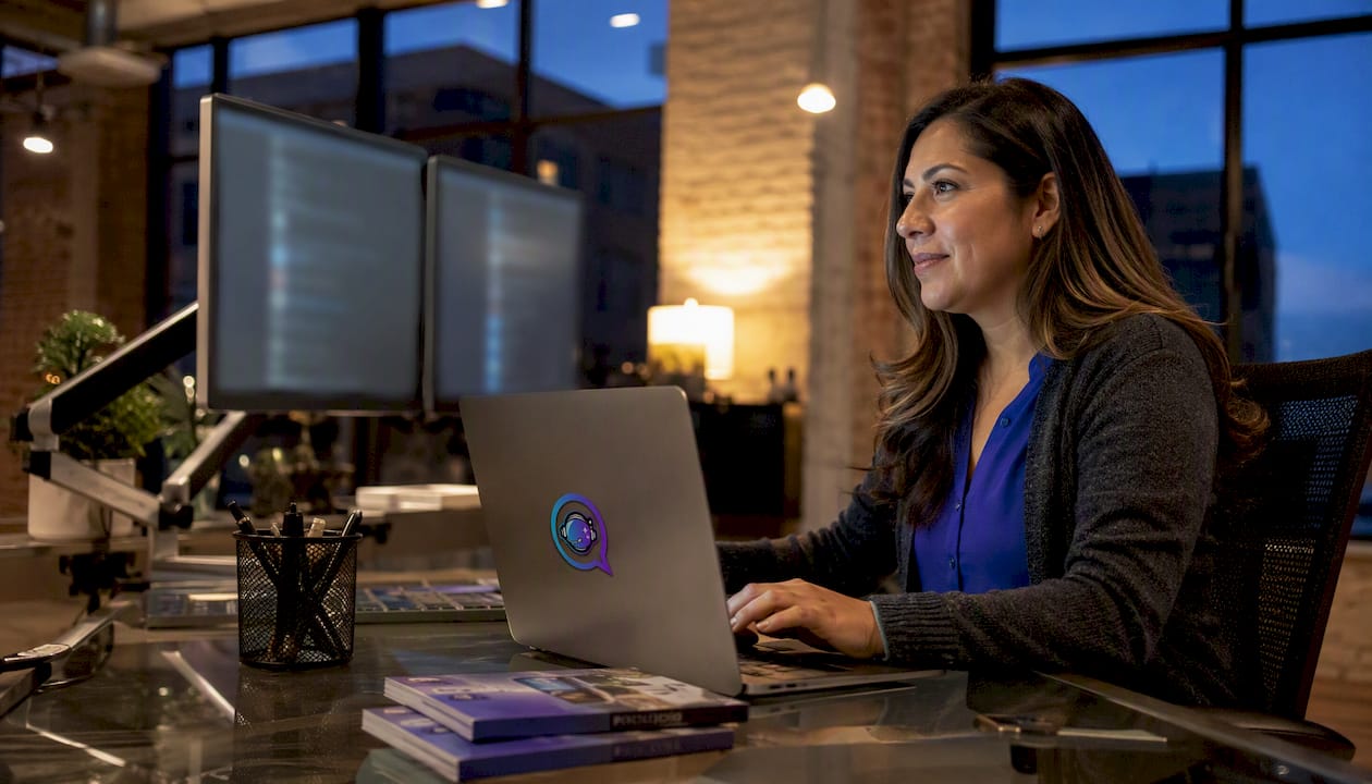 Leasing agent using AI platform in office.