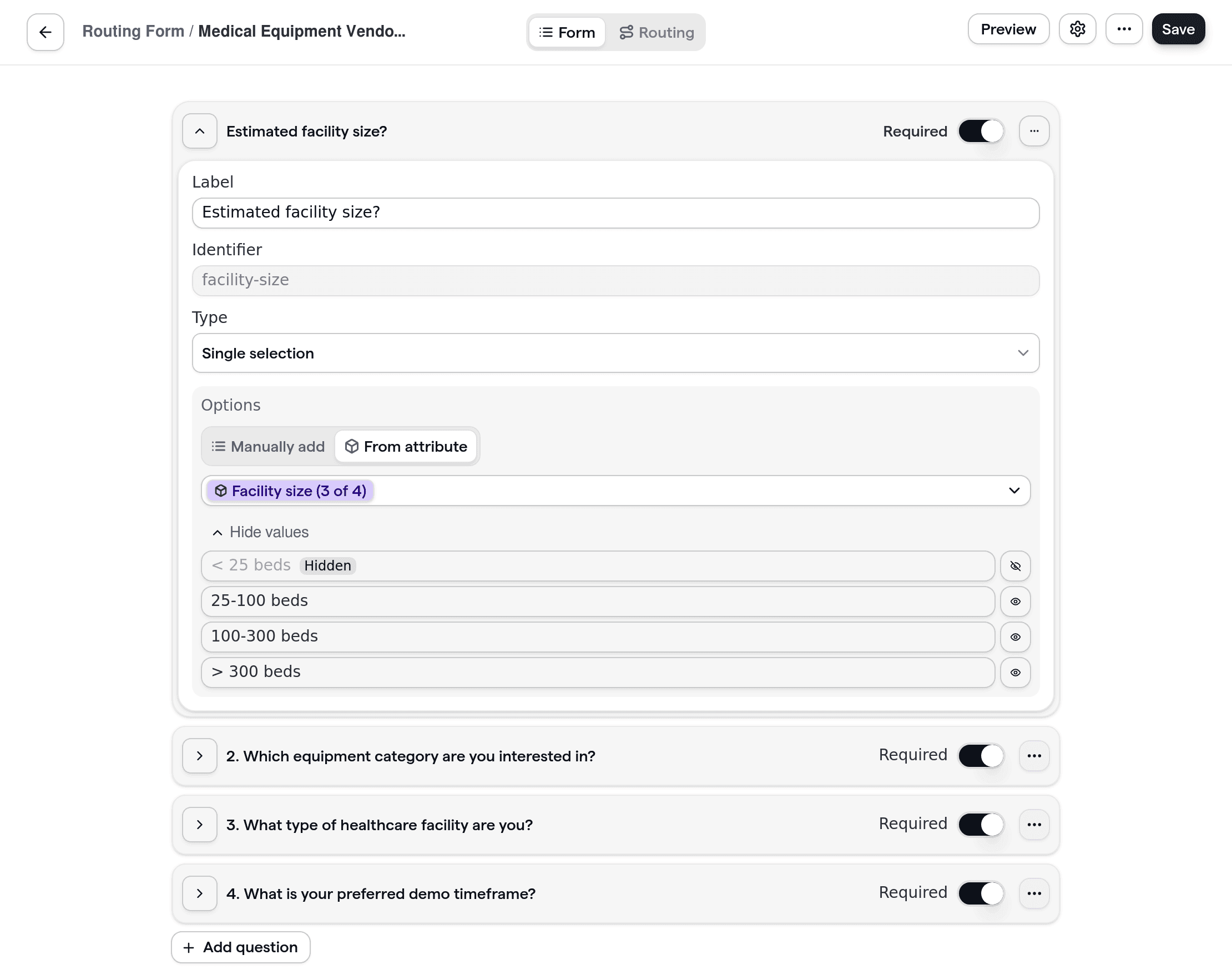 Medical equipment vendor routing form showing industry-specific questions like equipment category, facility type, and demo timeline.