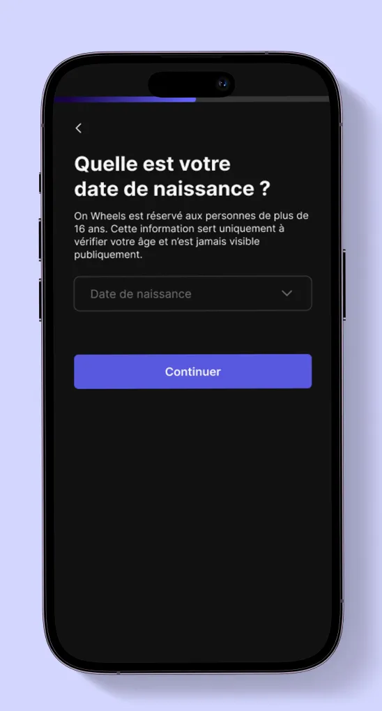 Écran de saisie de la date de naissance sur On Wheels