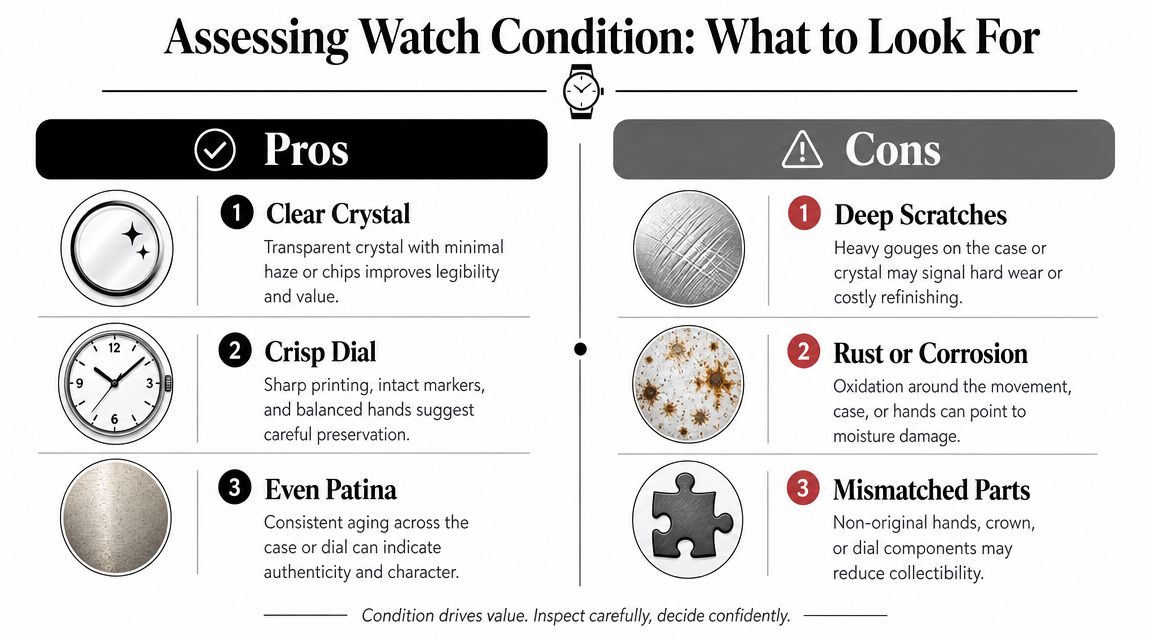 A visual guide titled Assessing Watch Condition listing three pros and three cons for watch evaluation.