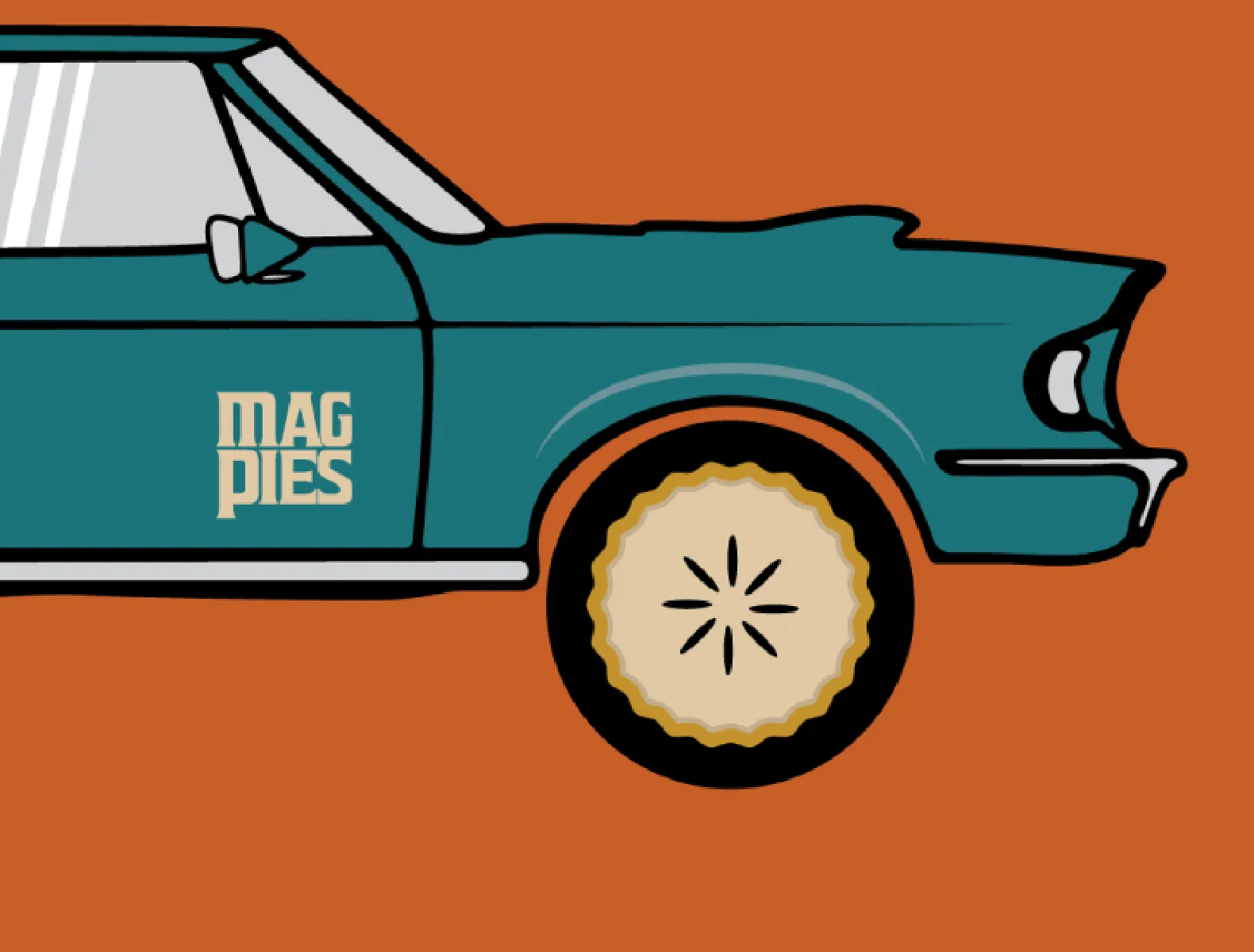 An old muscle car cropped halfway on the left with "MagPies" written on the side and a pie as the wheel.