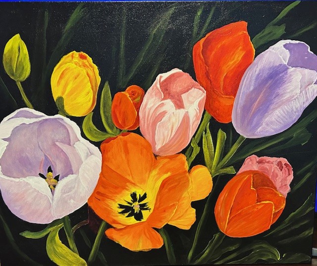 The canvas is filled with a floral gradients from orange to lavender.