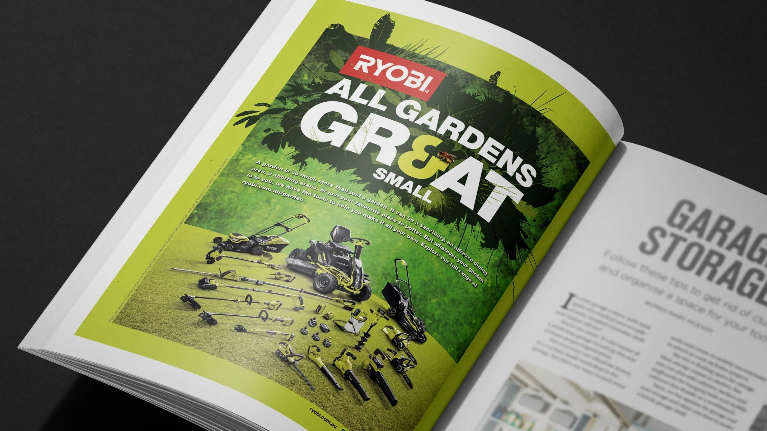 Ryobi magazine ad, 'All Gardens Great & Small', with a lawn mower, ride-on and cordless garden tools arranged on grass