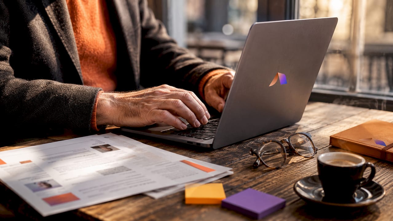 Hands typing on laptop with resumes nearby