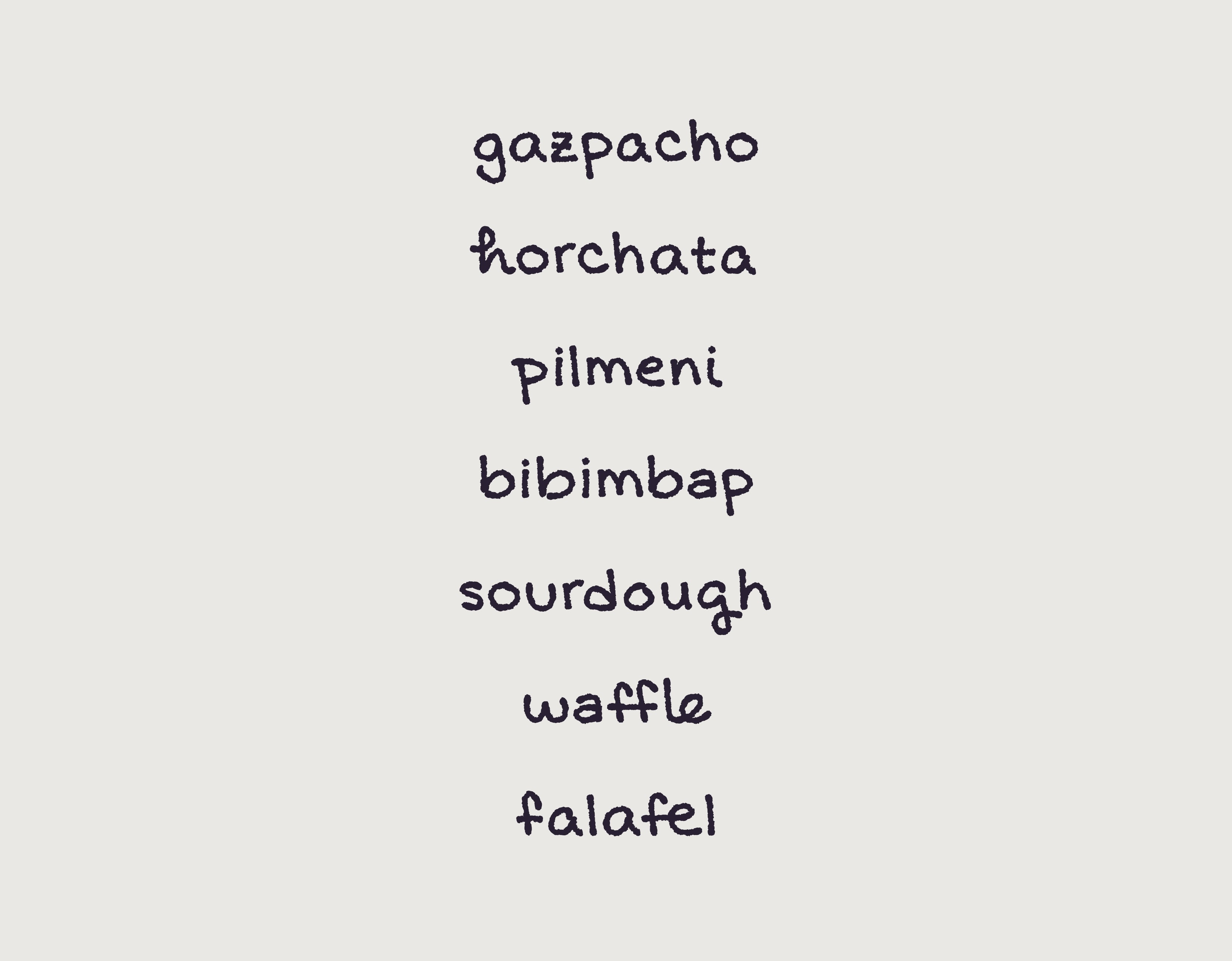 Sample text of words showing ligatures and unique characters