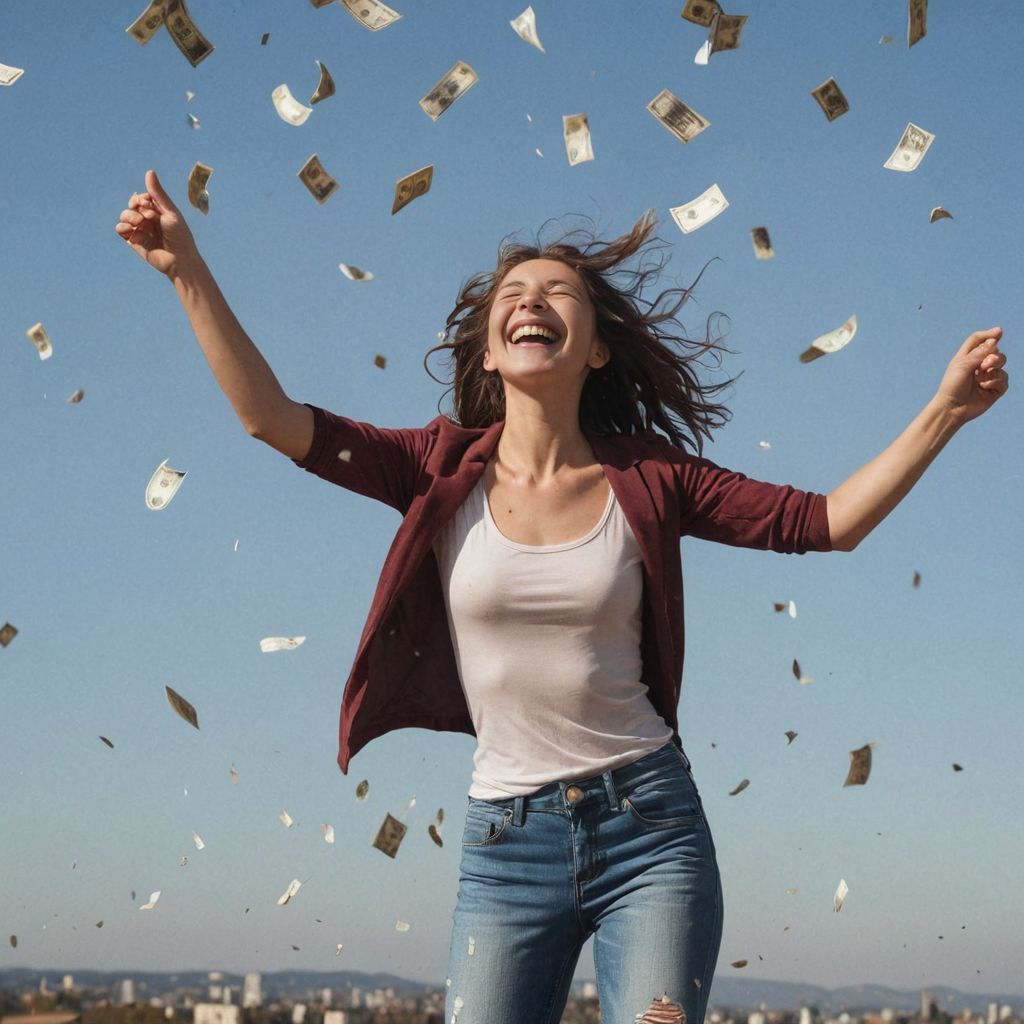 woman dancing with happiness - money raining