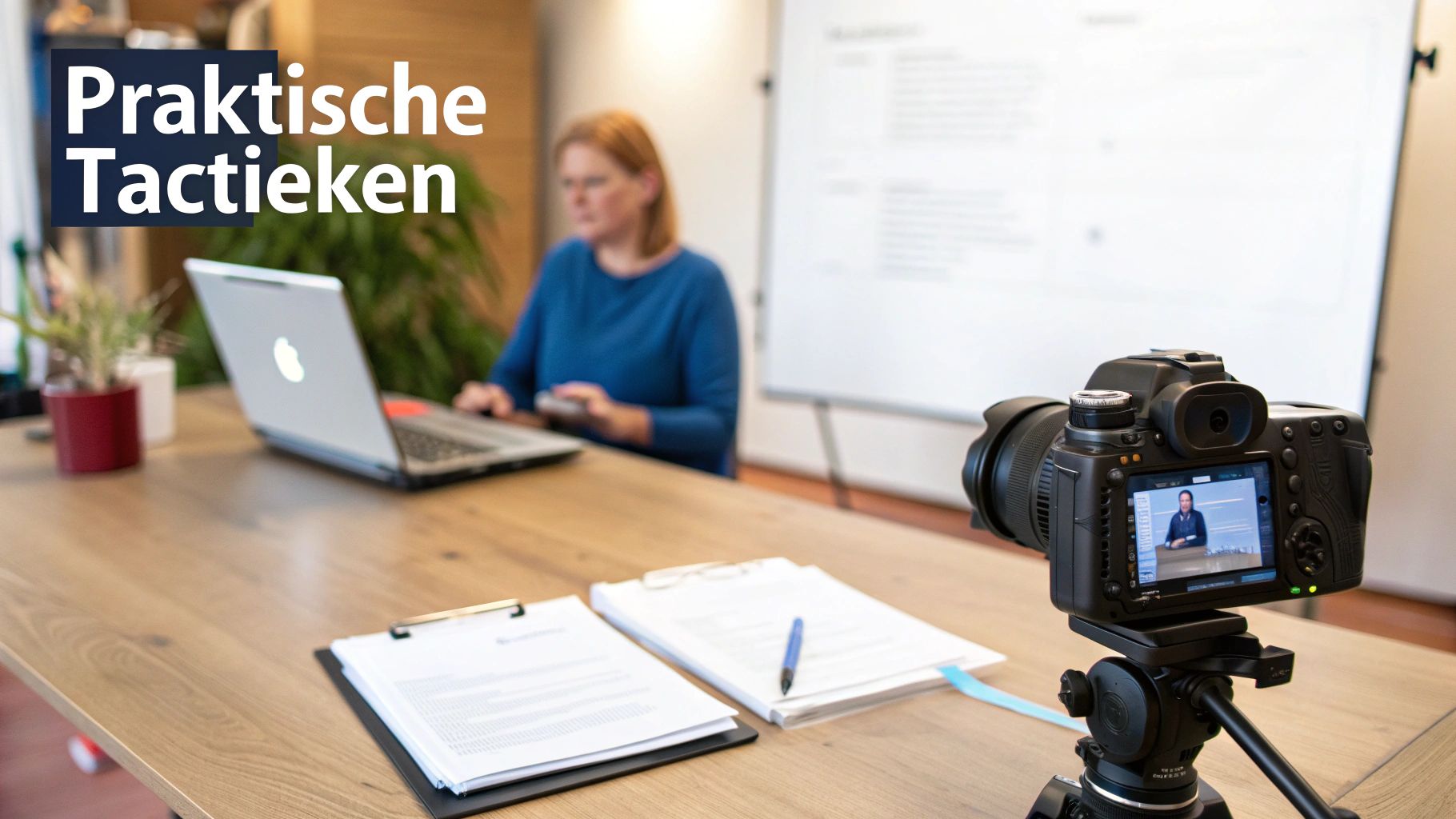 Vrouw werkt achter een laptop terwijl een camera haar filmt, met documenten op tafel en de tekst 'Praktische Tactieken'.