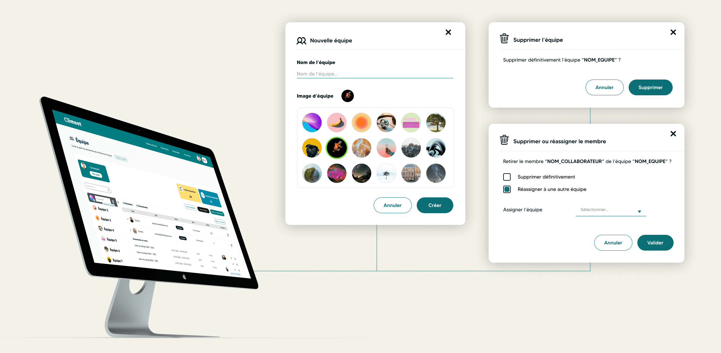 Mockup de la page équipe sur un MAC avec les pops up qui sortent de l'écran
