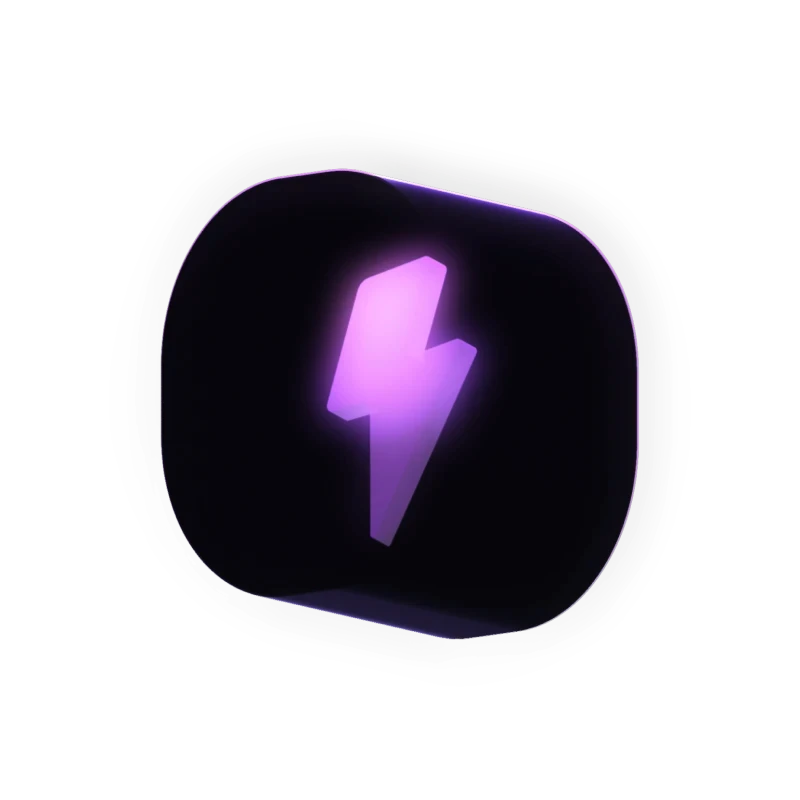 3D app icon featuring a glowing purple lightning bolt on a dark rounded square background