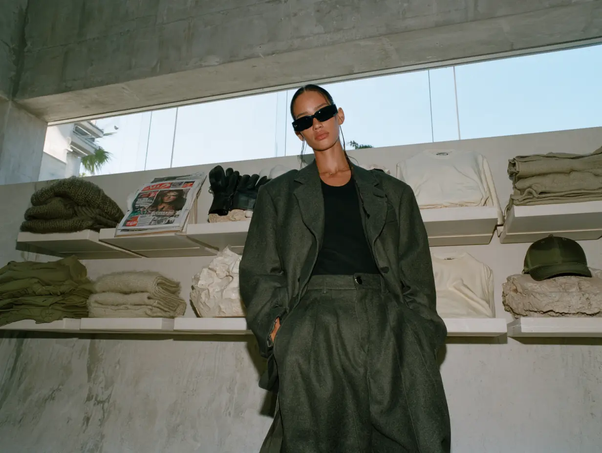 Model in an oversized grey tailored wool coat and black rectangular sunglasses beside minimalist shelves of folded knitwear, premium lifestyle fashion