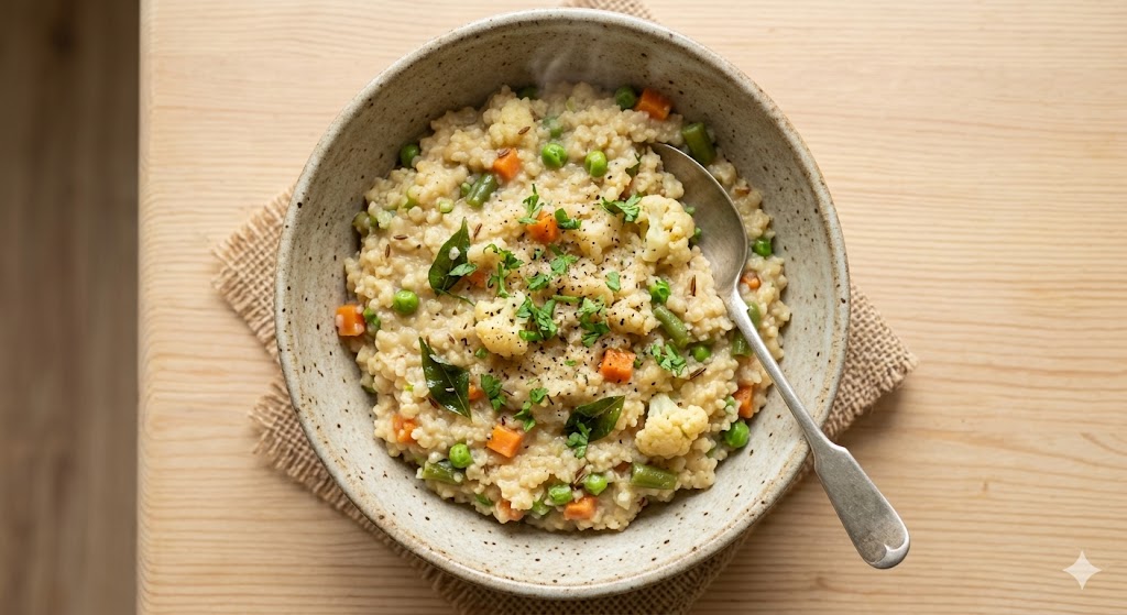 An overhead photograph of a rustic, textured bowl filled with steaming Indian-style dalia (bulgur wheat) khichdi loaded with visible vegetables, including peas, carrots, and green beans, garnished with fresh herbs and served on a light wooden table with a vintage spoon.