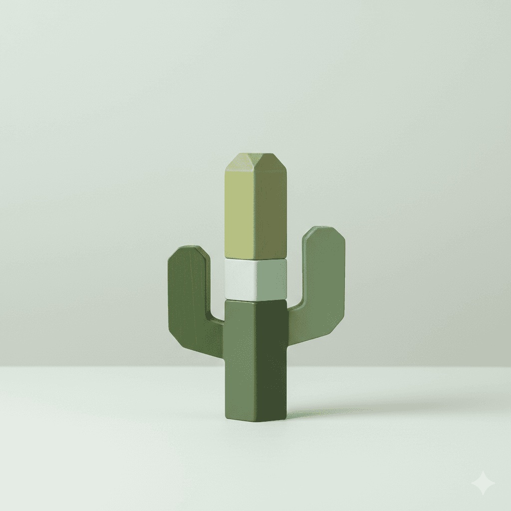 Modern wooden balancing toy shaped like a green cactus, designed for open-ended play and motor skill development.