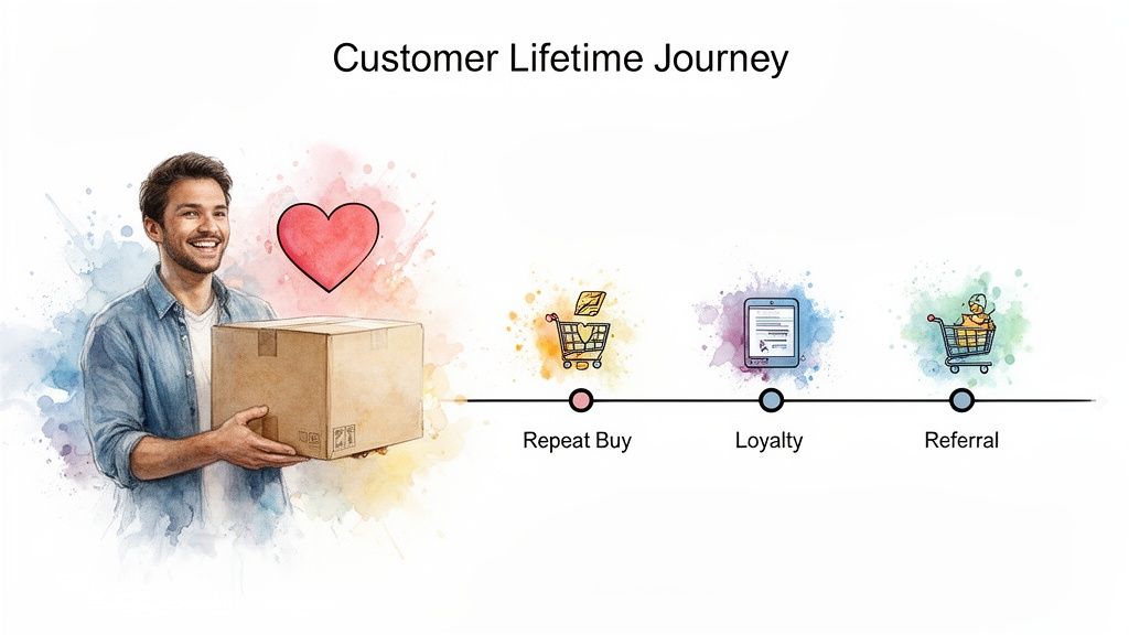 A watercolor illustration depicting the customer lifetime journey with stages: repeat buy, loyalty, and referral.