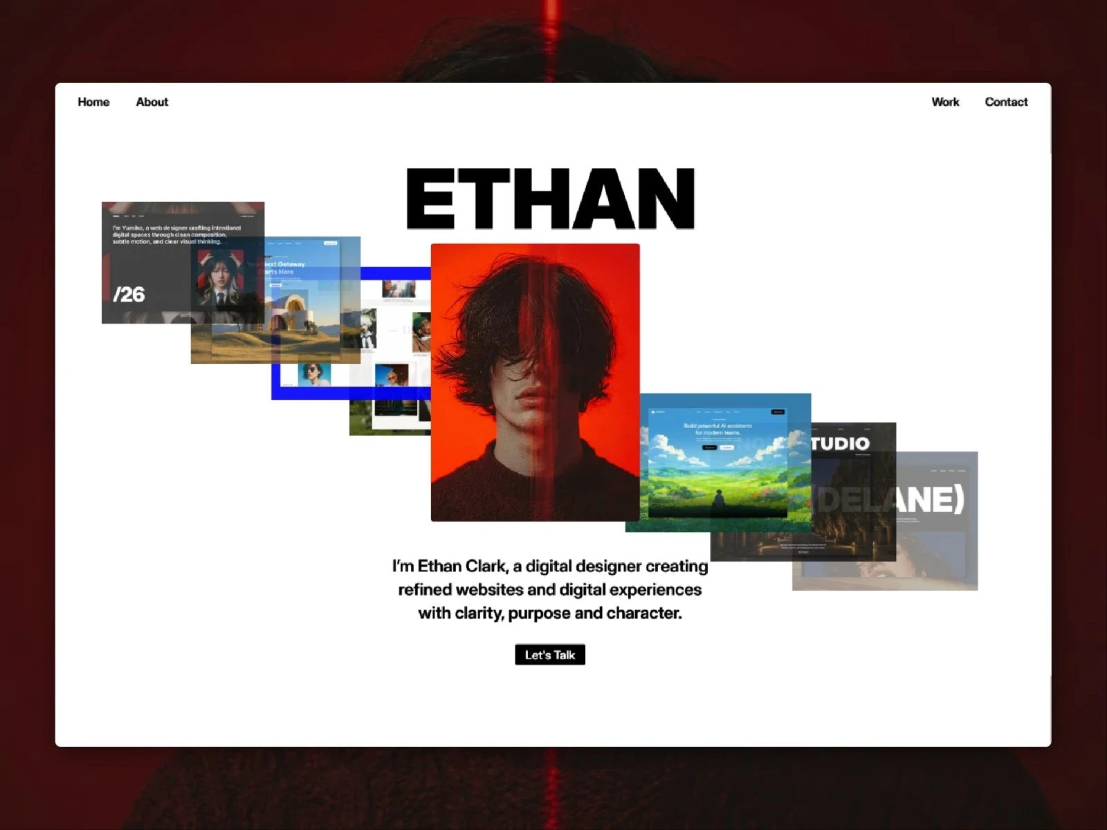 Ethan Clark digital designer portfolio homepage with layered project previews and portrait