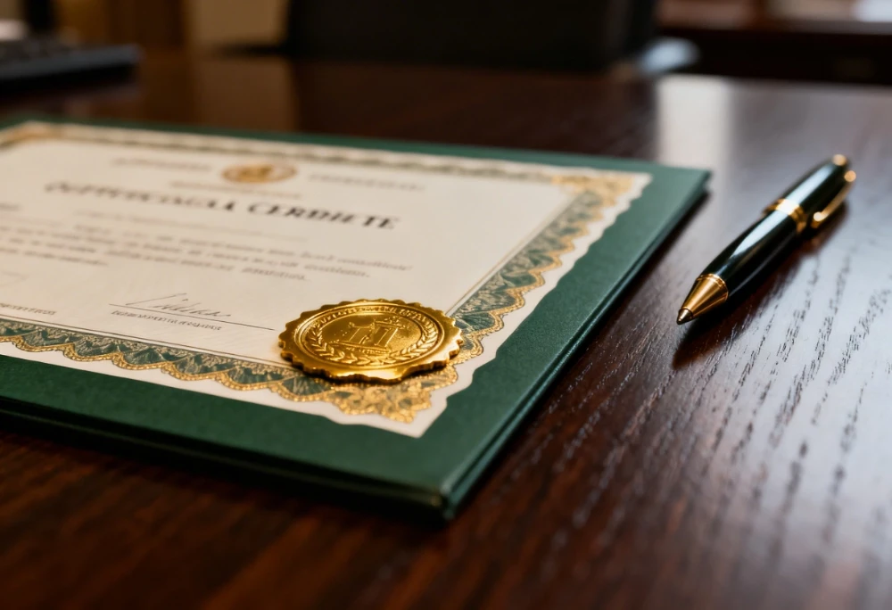 A high-quality diploma with a gold seal and elegant green border rests on a polished wooden desk alongside a black and gold pen, symbolizing achievement and academic excellence.