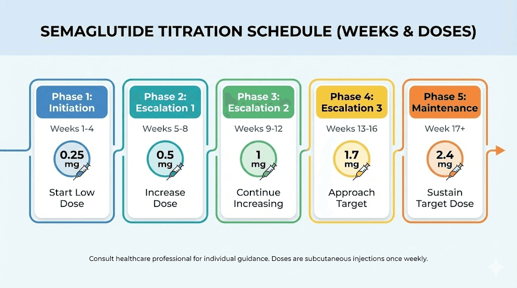 Semaglutide dosing schedule timeline showing titration phases in units
