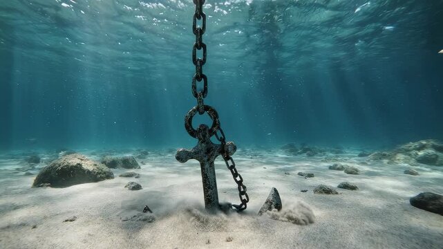 Large ship anchor resting on the underwater seabed
