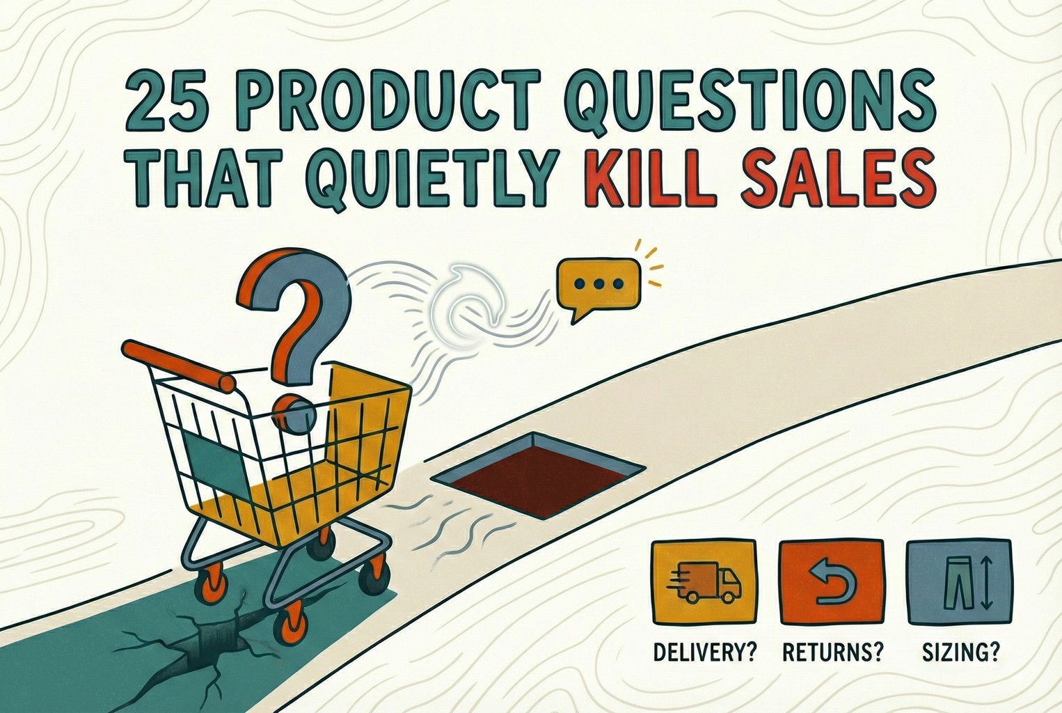 Illustration of a shopping cart facing a crack in the path with question marks and icons for delivery, returns and sizing, representing product questions blocking online sales.