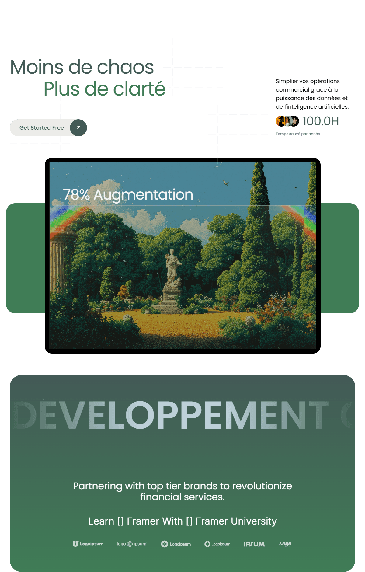 Tableau de bord vert affichant une scène de jardin classique et du texte sur l'efficacité des données par l'IA.