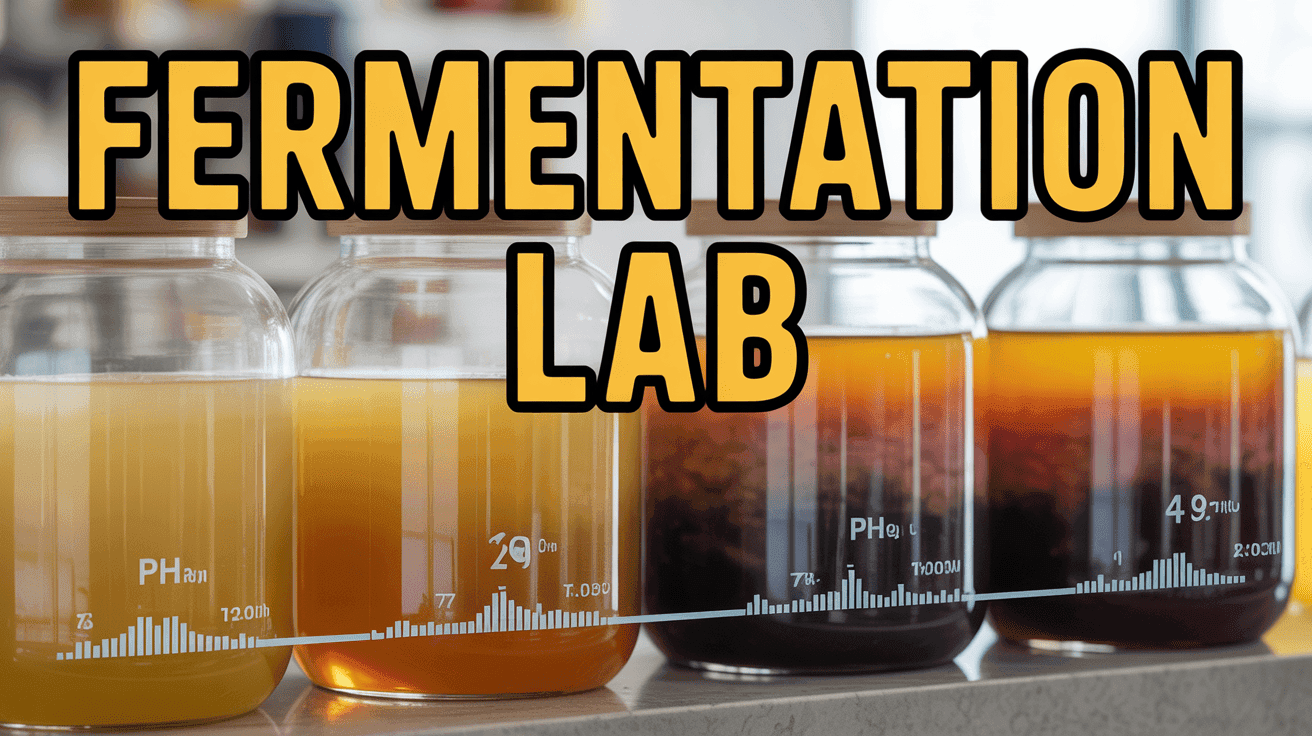 Fermentation Lab Thumbnail Template featuring fermentation jars on counter with pH meter readings and timeline overlay