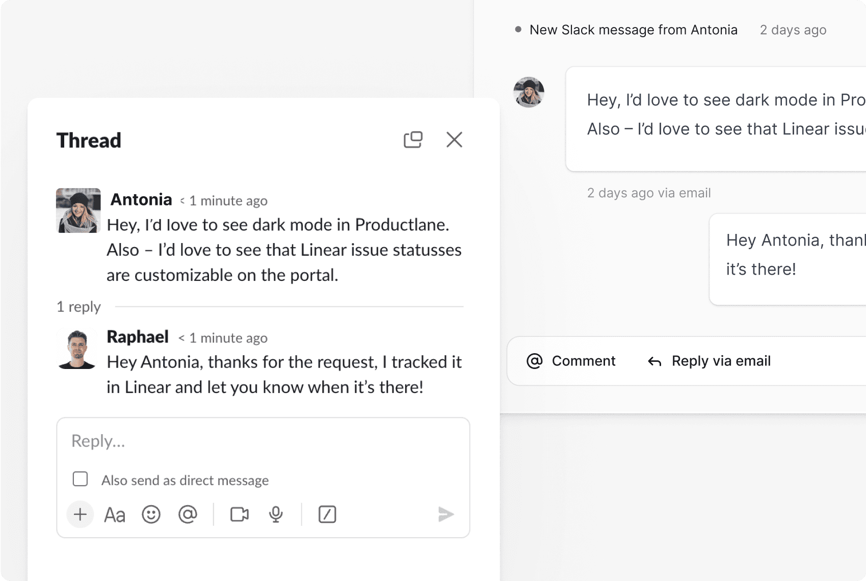 slack inbox linear sync customer support productlane