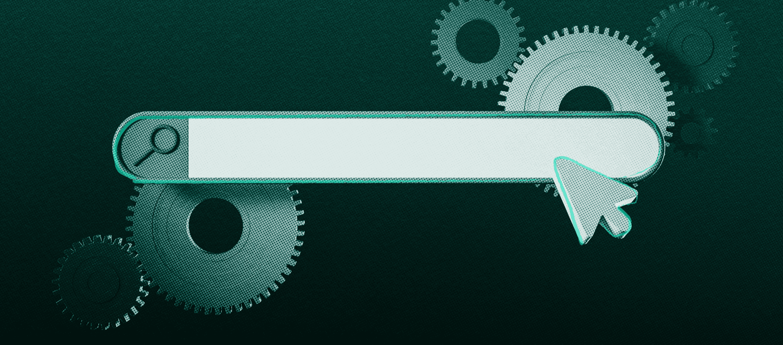 Illustration of a ‘view in browser’ bar with a cursor clicking it, surrounded by gears, representing email rendering, accessibility, and technical reliability.