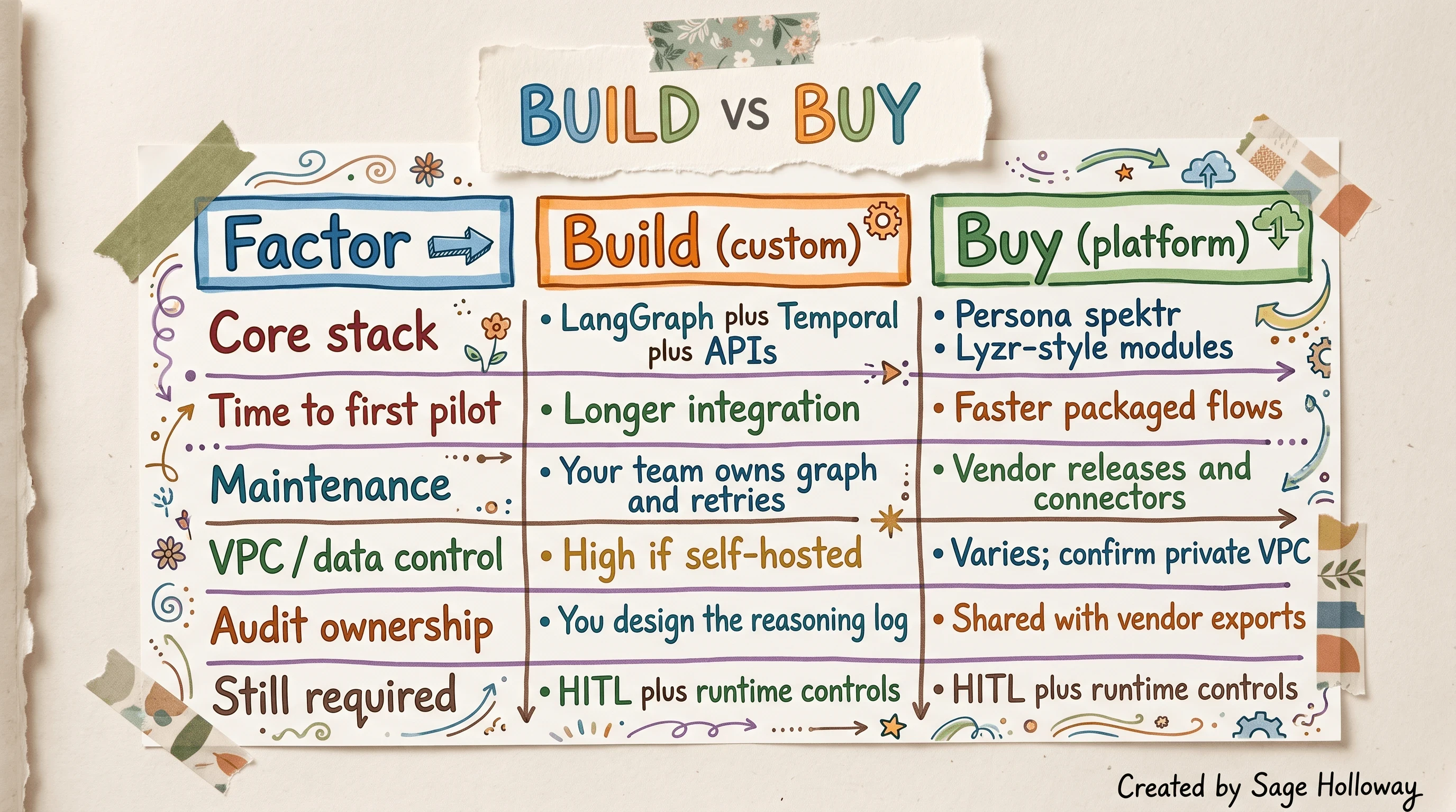 Table comparing build versus buy paths for AI compliance agents on timeline, control, and audit ownership