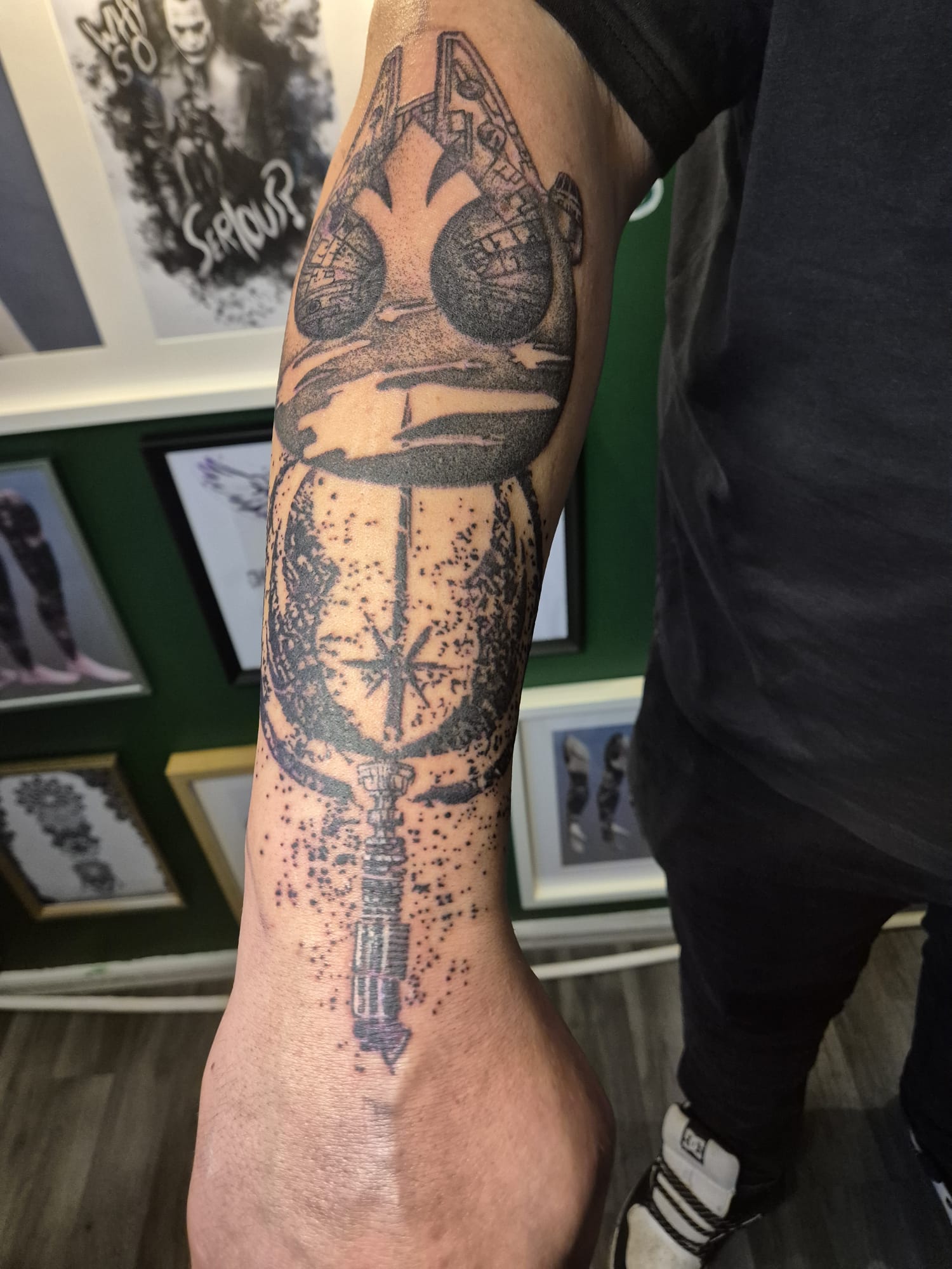 Butterfly linework tattoo on arm in Hazel Grove