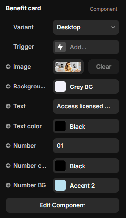 Editing Starmedica benefit card content in the properties panel
