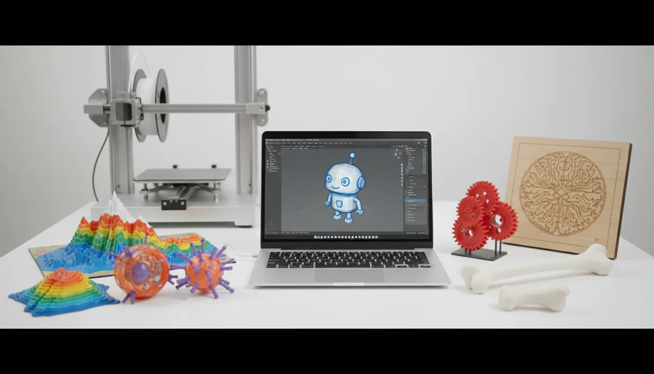 DSLR photo of a designer's workbench focused on 3D printing. On a clean white desk, a silver laptop displays a 3D modeling software interface featuring a simple cartoon robot. Surrounding the laptop are various finished projects: a colorful 3D printed topographical map, models of biological cells, a complex red mechanical gear assembly, two white printed bones, and a laser-etched wooden diagram of a brain. In the background, a professional desktop 3D printer with a metal frame and clear acrylic hood sits ready. The scene is shot with bright, soft studio lighting, creating a clean and detailed look with a shallow depth of field.
