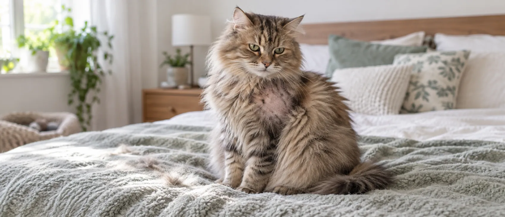 A long-haired cat sitting on a bed with a bald patch visible on its side.