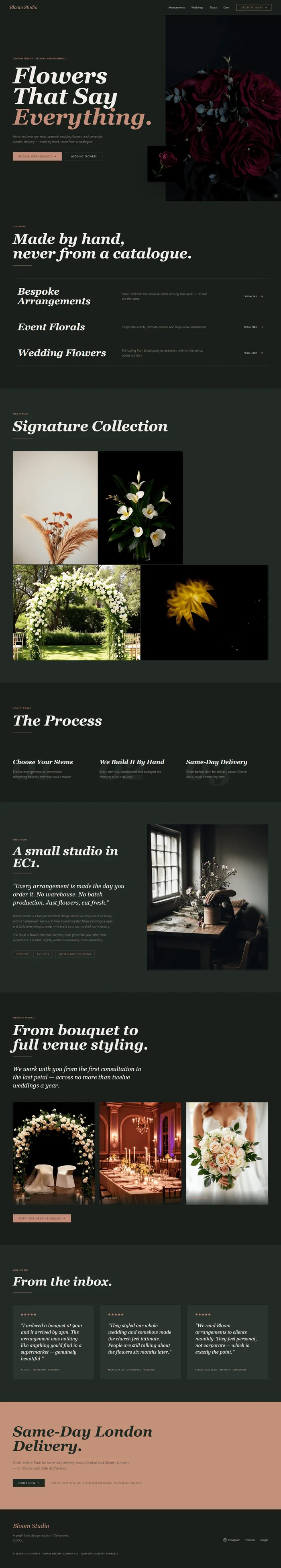 Florist website prompt full preview — deep forest #1a2e1e background with dusty rose #c4917a accent and warm ivory text, Cormorant Garamond 700 italic monumental hero headline in editorial split layout with floating 180px stem detail image at panel boundary animated from scale 0.85, right side full-bleed dark burgundy bouquet photography flush with viewport edge, three hover-raise arrangement type rows with dusty rose pricing, and four-image seasonal collection grid alternating portrait and landscape aspect ratios with no border-radius