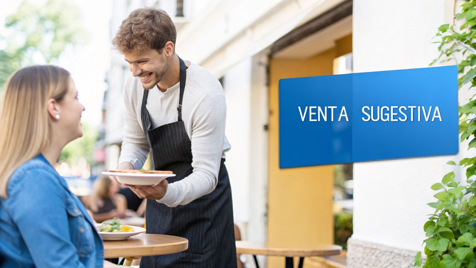 Camarero sonriente sirve un plato a una clienta en una terraza, con un letrero de 