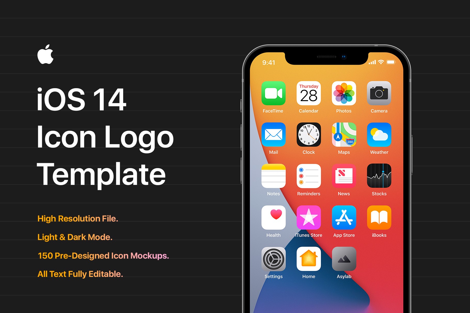 iOS 14 Icon Logo Template, featuring high-resolution files, light & dark mode, and 150 pre-designed icon mockups.