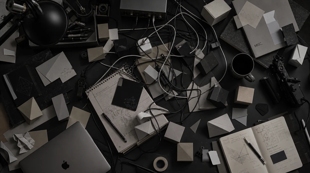 A disorganized desk with tangled cables and chaotic paper blocks symbolizing a fragmented content workflow.