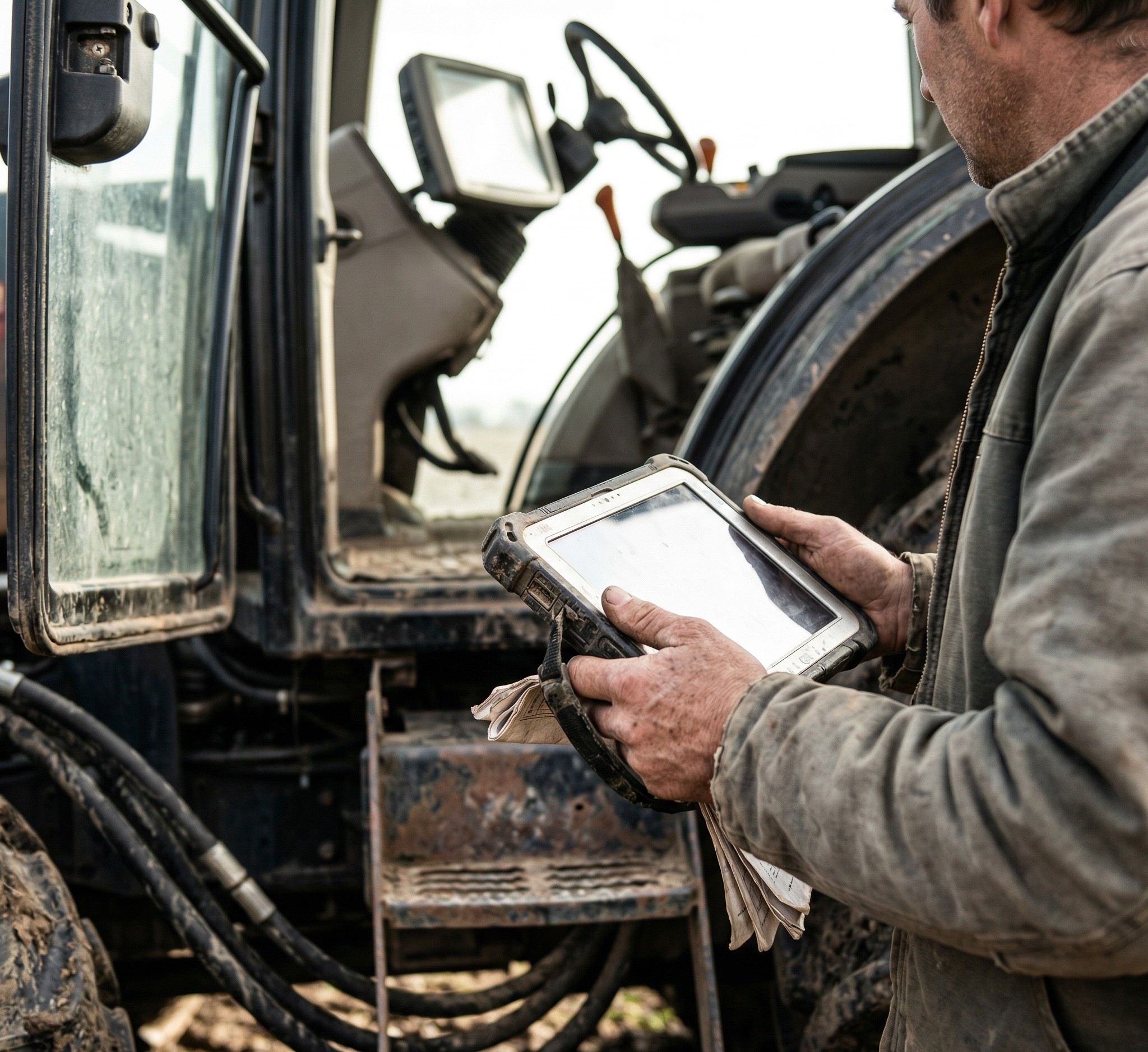 muddy farm scene with tablet and tractor