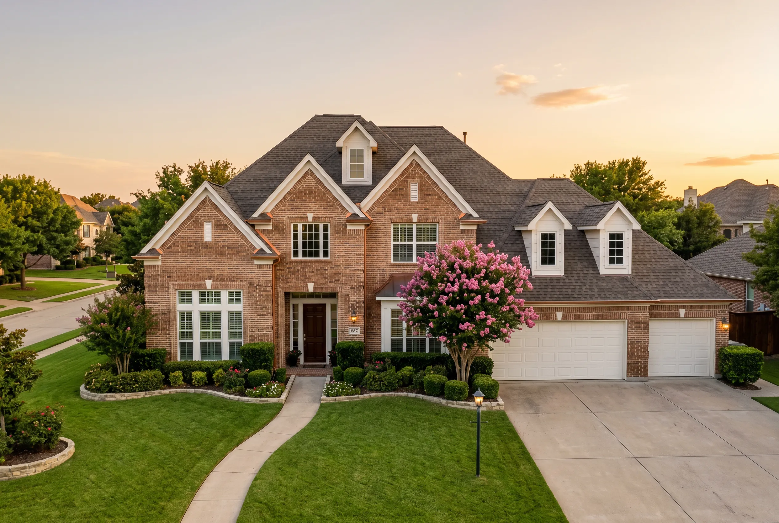 Large brick suburban mansion with a curved walkway, manicured lawn, and blooming trees during golden hour.