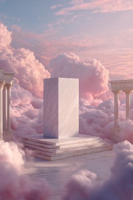 Marble monolith in ethereal clouds with classical columns and pink sky.