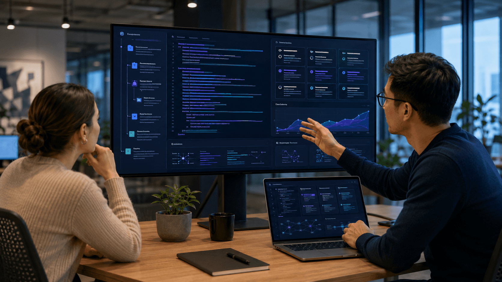 Professionals discussing AI model analytics in a collaborative office, with charts and dashboards on a wall display and laptop showing pricing and performance trends.