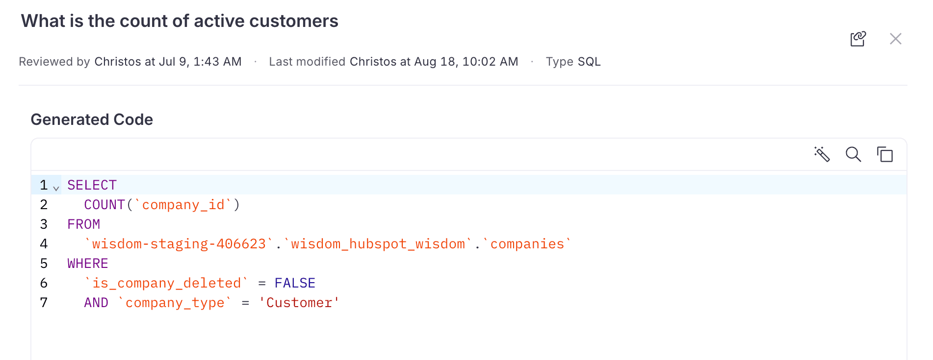auto-generated SQL via WisdomAI