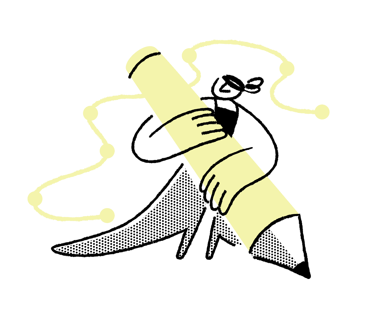 A person hugs an oversized pencil amid looping connections, the player-coach still doing the work the market now rewards.