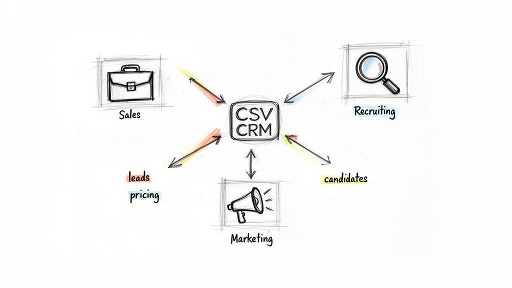 A hand-drawn diagram illustrating a central CSV CRM connecting Sales, Marketing, and Recruiting departments.