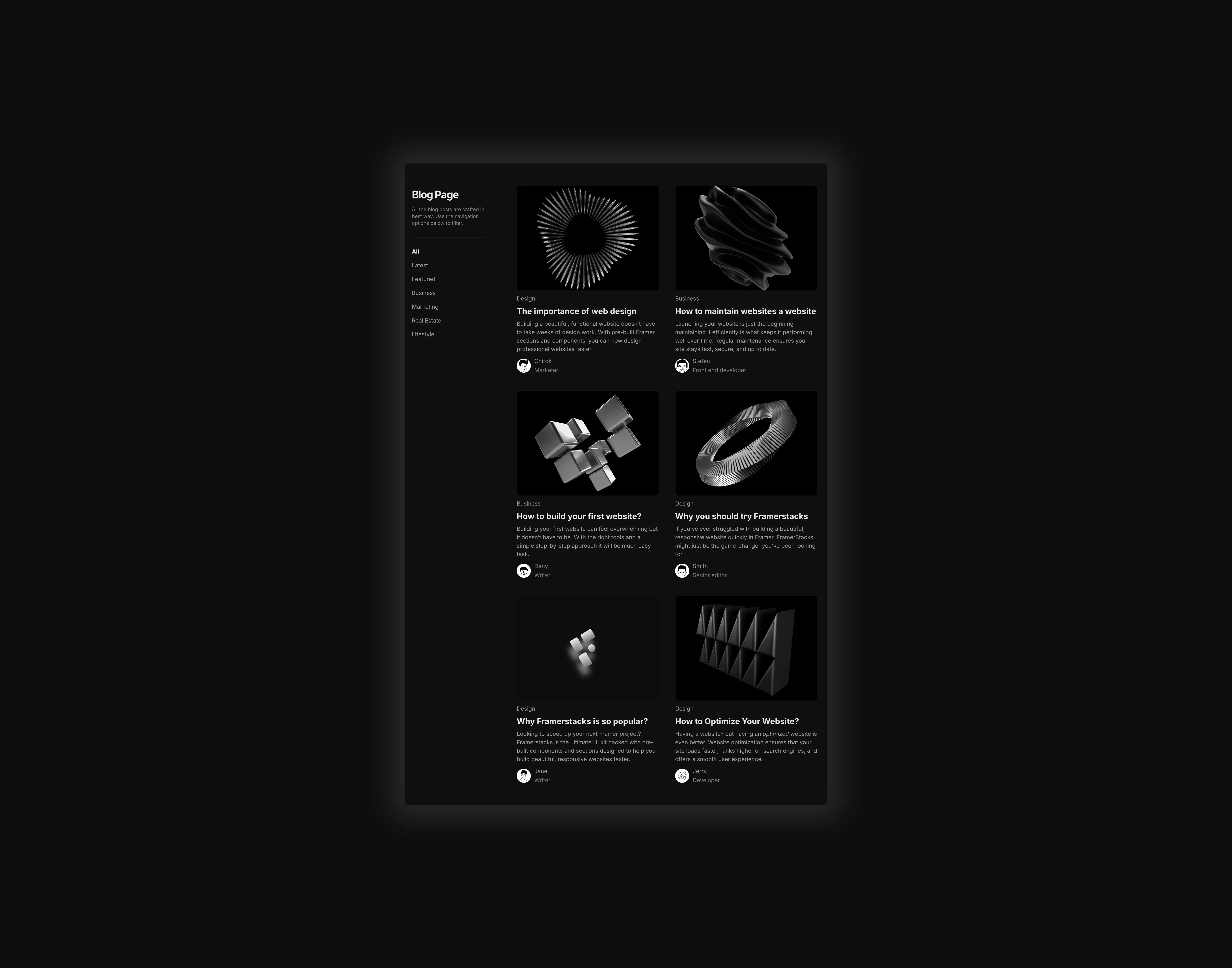 A dark themed cms blog collection page ui in grid format, optimized for desktop devices