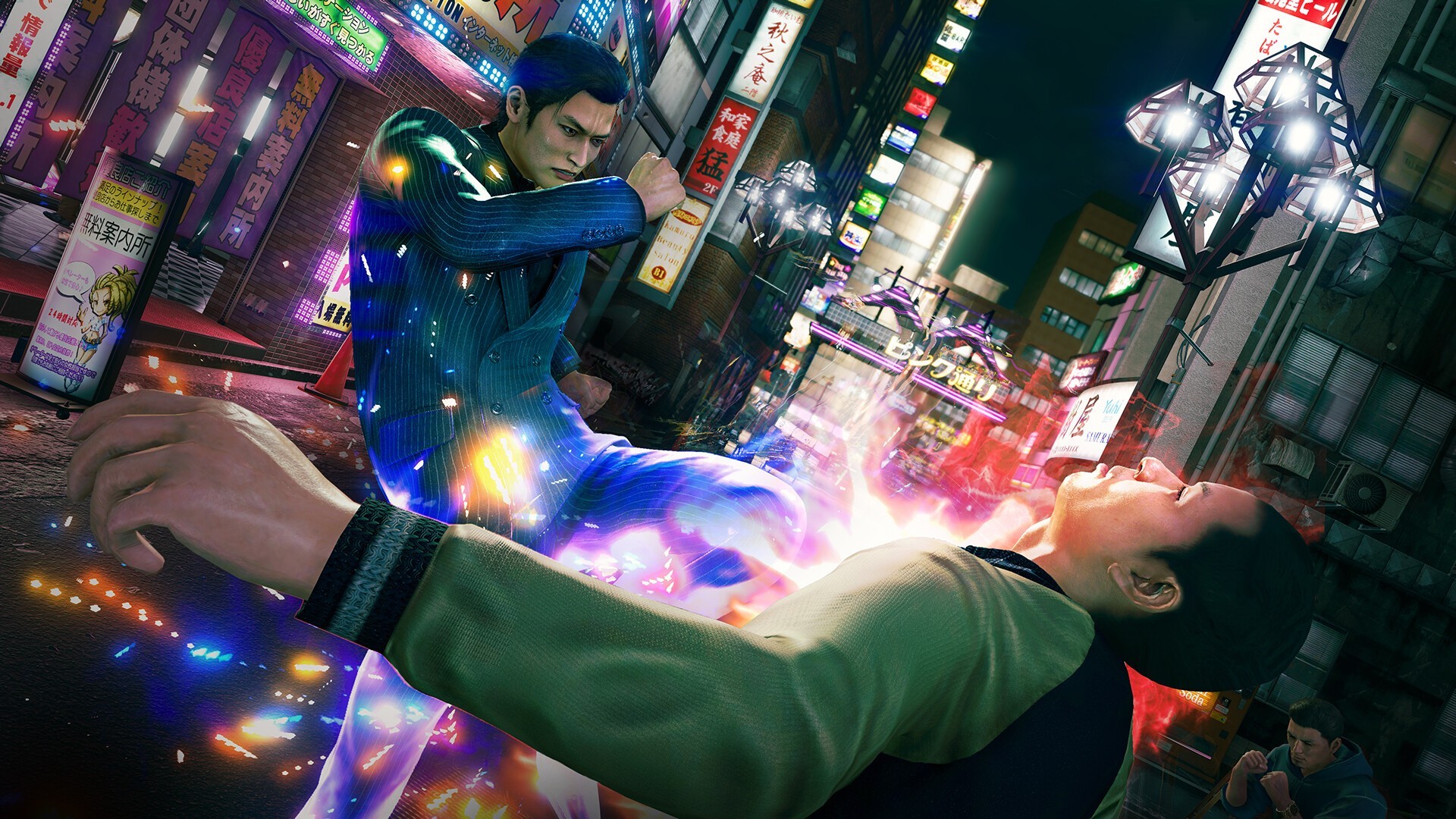 Combat spectaculaire dans Yakuza Kiwami 3 Dark Ties PC Steam avec attaque Heat lumineuse en plein quartier Kamurocho de nuit