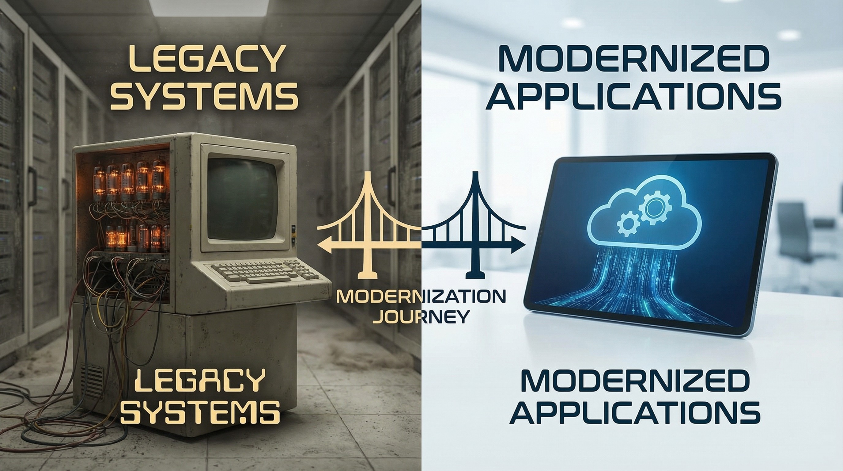 Application modernization journey showing legacy systems transformed into modern cloud-native and scalable applications.