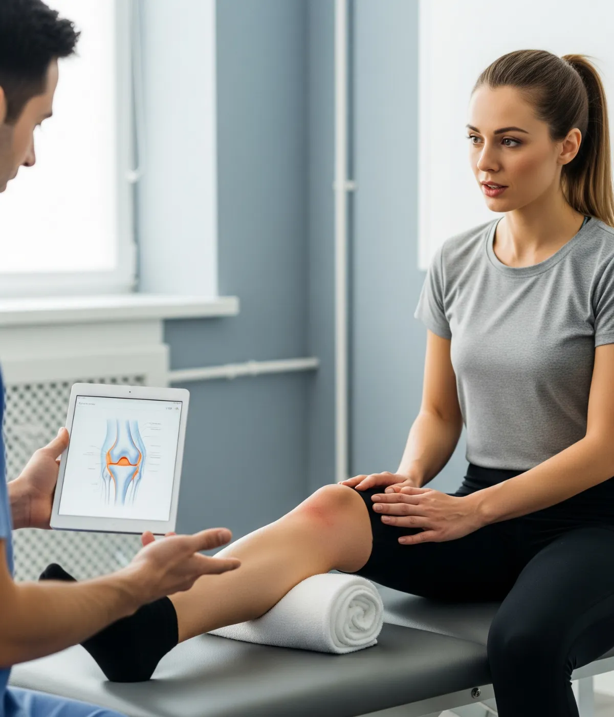An orthopedic specialist explaining ACL repair surgery to a patient.