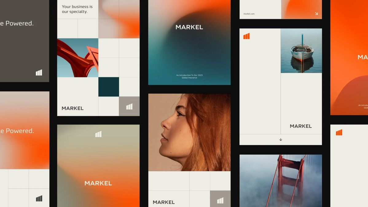 Markel brand identity coordinating typography, colours, imagery and layouts