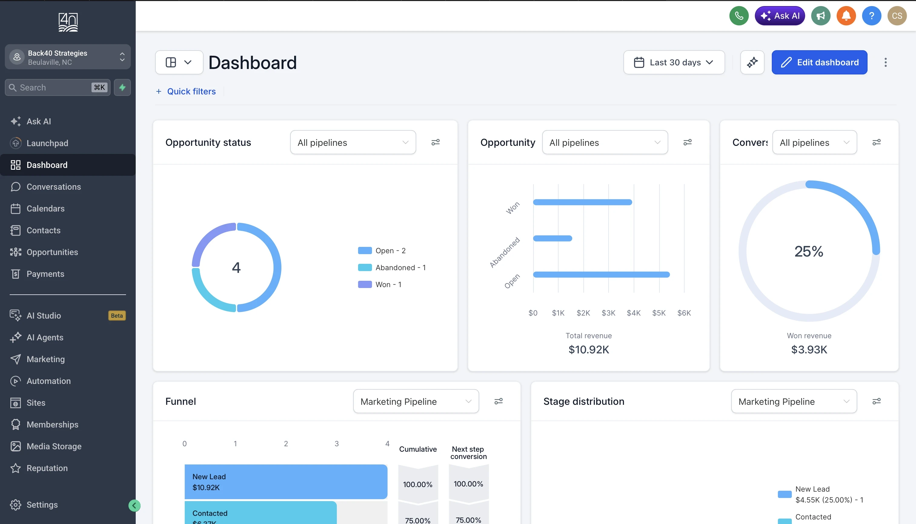 Back40 Central hvac crm dashboard showing opportunities and sales pipeline